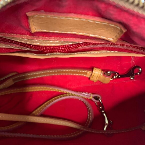 Dooney & Bourke black patent leather satchel with tan leather trim - Picture 6 of 8